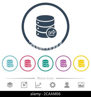 Export database flat color icons in round outlines. 6 bonus icons included. Stock Vector