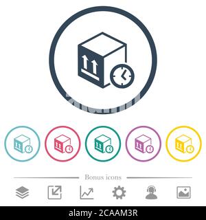 Package shipping time flat color icons in round outlines. 6 bonus icons included. Stock Vector
