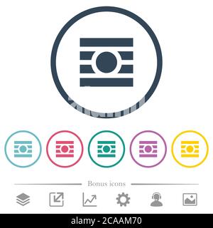 Text wrap around objects flat color icons in round outlines. 6 bonus icons included. Stock Vector
