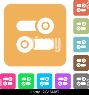 Toggle switches flat icons on rounded square vivid color backgrounds. Stock Vector