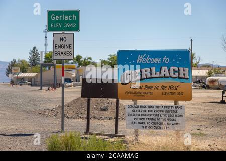 GERLACH, NEVADA, UNITED STATES - Jul 04, 2020: A humorous sign welcoming visitors to Gerlach, Nevada, a small town in Northern Nevada and popular gate Stock Photo