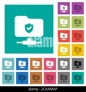 Protected FTP multi colored flat icons on plain square backgrounds. Included white and darker icon variations for hover or active effects. Stock Vector