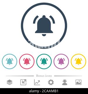 Active notification flat color icons in round outlines. 6 bonus icons included. Stock Vector