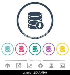 Database down flat color icons in round outlines. 6 bonus icons included. Stock Vector