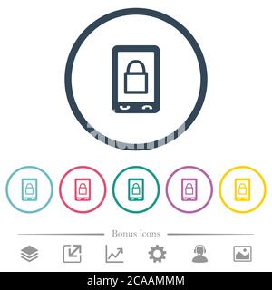 Lock mobile flat color icons in round outlines. 6 bonus icons included. Stock Vector