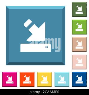 Import to device white icons on edged square buttons in various trendy colors Stock Vector