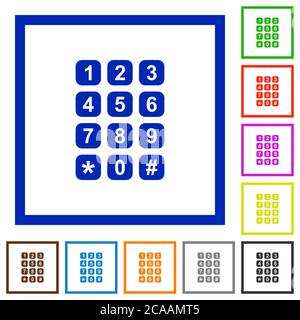 Numeric keypad flat color icons in square frames on white background Stock Vector