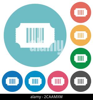 Ticket with barcode flat white icons on round color backgrounds Stock Vector