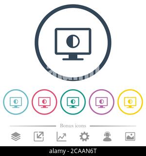 Adjust screen contrast flat color icons in round outlines. 6 bonus icons included. Stock Vector
