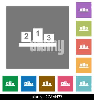 Winners podium with inside numbers flat icons on simple color square backgrounds Stock Vector