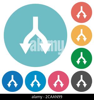 Split arrows down flat white icons on round color backgrounds Stock Vector