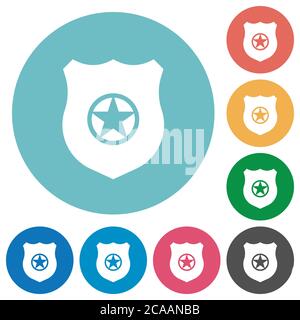 Police badge flat white icons on round color backgrounds Stock Vector