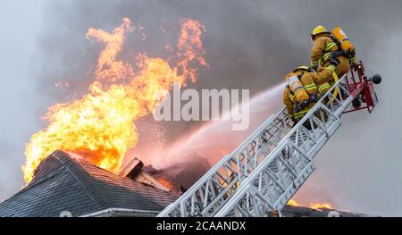 Firefighters spray water on roof with hose from ladder. Stock Photo