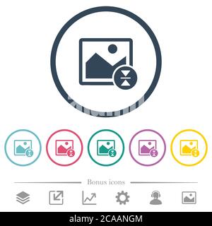 Vertically flip image flat color icons in round outlines. 6 bonus icons included. Stock Vector