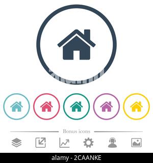 Home flat color icons in round outlines. 6 bonus icons included. Stock Vector
