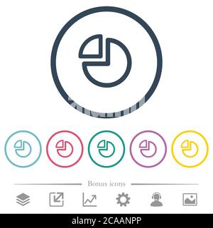 Pie chart flat color icons in round outlines. 6 bonus icons included. Stock Vector