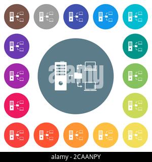 Network file system with server flat white icons on round color backgrounds. 17 background color variations are included. Stock Vector