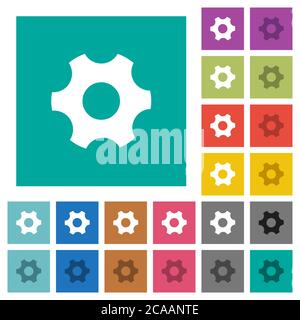 Single cogwheel multi colored flat icons on plain square backgrounds. Included white and darker icon variations for hover or active effects. Stock Vector