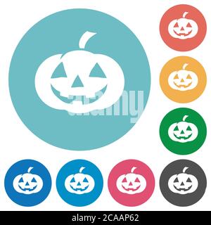 Halloween pumpkin flat white icons on round color backgrounds Stock Vector