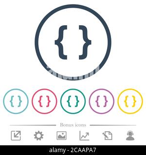 Programming code flat color icons in round outlines. 6 bonus icons included. Stock Vector
