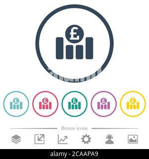 Pound financial graph flat color icons in round outlines. 6 bonus icons included. Stock Vector
