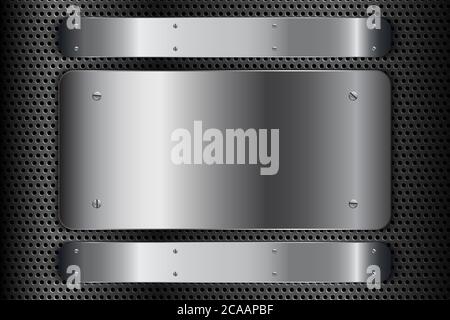 Metallic background. Metal plate with screws on perforated texture technology concept. Stock Vector