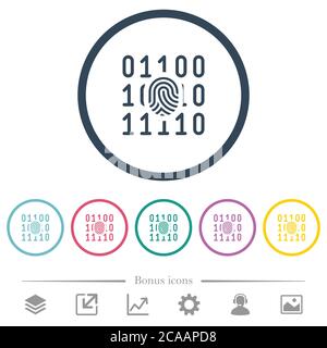 Digital fingerprint flat color icons in round outlines. 6 bonus icons included. Stock Vector