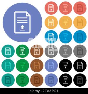 Upload document multi colored flat icons on round backgrounds. Included white, light and dark icon variations for hover and active status effects, and Stock Vector
