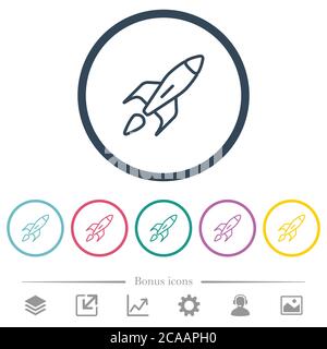 Launched rocket flat color icons in round outlines. 6 bonus icons included. Stock Vector