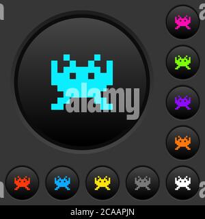 Video game dark push buttons with vivid color icons on dark grey background Stock Vector