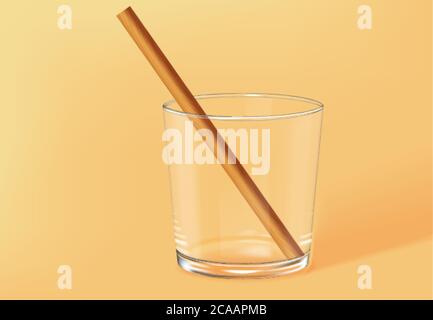 Empty old fashioned glass with bamboo straw inside. Beige background. Vector Stock Vector