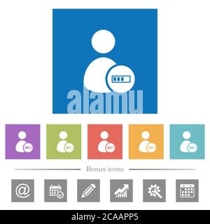 User account processing flat white icons in square backgrounds. 6 bonus icons included. Stock Vector