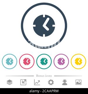 Clock flat color icons in round outlines. 6 bonus icons included. Stock Vector