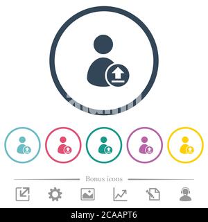 Upload user account flat color icons in round outlines. 6 bonus icons included. Stock Vector