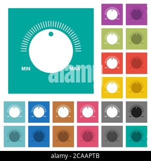 Volume control with captions multi colored flat icons on plain square backgrounds. Included white and darker icon variations for hover or active effec Stock Vector