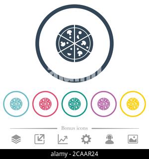 Pizza flat color icons in round outlines. 6 bonus icons included. Stock Vector