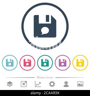 File comment flat color icons in round outlines. 6 bonus icons included. Stock Vector