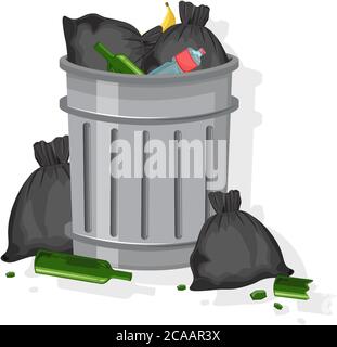 Trash can filled with garbage bags, glasses of wine, plastic bottles and banana peels. Vector Stock Vector