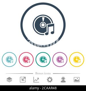 Audio CD flat color icons in round outlines. 6 bonus icons included. Stock Vector