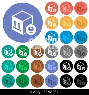 Fragile package multi colored flat icons on round backgrounds. Included white, light and dark icon variations for hover and active status effects, and Stock Vector