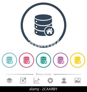 Default database flat color icons in round outlines. 6 bonus icons included. Stock Vector