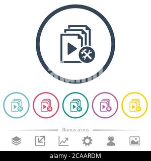 Playlist tools flat color icons in round outlines. 6 bonus icons included. Stock Vector