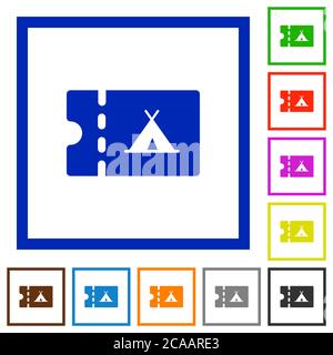 Camping discount coupon flat color icons in square frames on white background Stock Vector