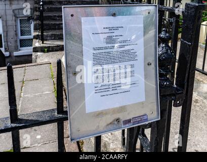 A planning application attached to an outside railing of a house, to comply with planning regulations, on Ranelagh Road, Dublin, Ireland. Stock Photo