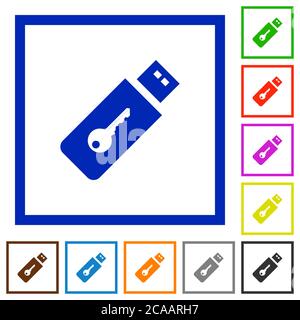 Hardware key flat color icons in square frames on white background Stock Vector