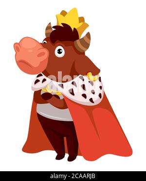 Bull wearing royal mantle and gold crown of king Stock Vector