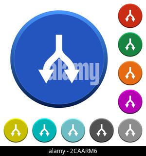 Split arrows down round color beveled buttons with smooth surfaces and flat white icons Stock Vector