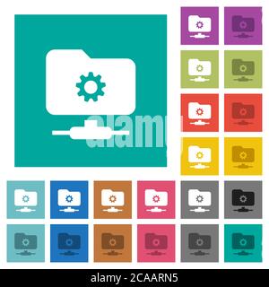 FTP settings multi colored flat icons on plain square backgrounds. Included white and darker icon variations for hover or active effects. Stock Vector