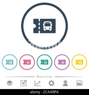 Public transport discount coupon flat color icons in round outlines. 6 bonus icons included. Stock Vector