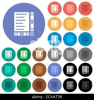 Document with content and scroll bars multi colored flat icons on round backgrounds. Included white, light and dark icon variations for hover and acti Stock Vector